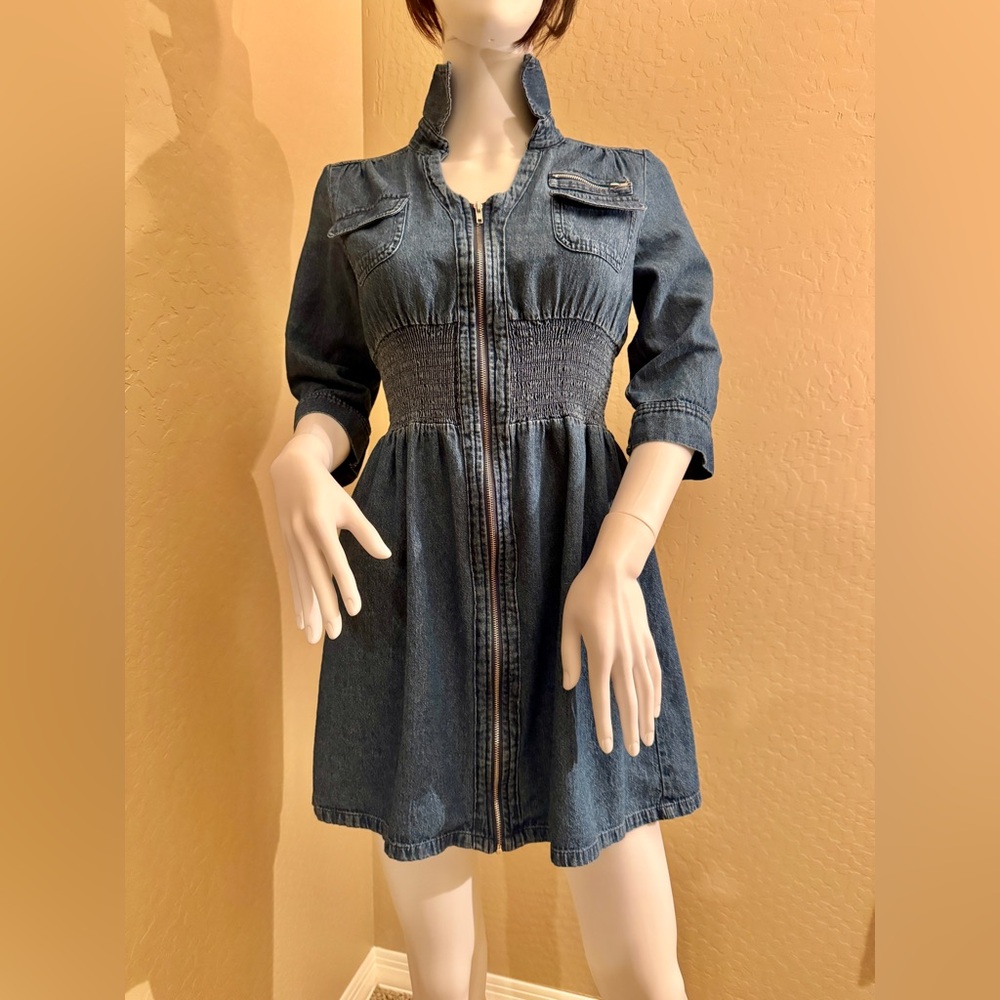Denim dress, size PM on its label, Zip front with elastic waist